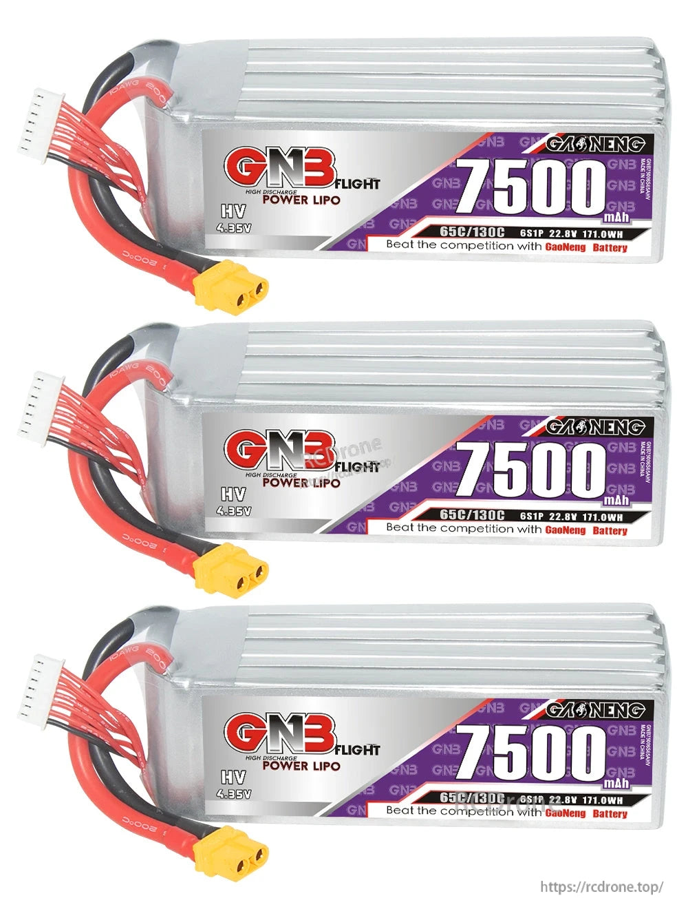Three 6S 7500mAh LiHV LiPo batteries with XT60 connectors, stacked horizontal set