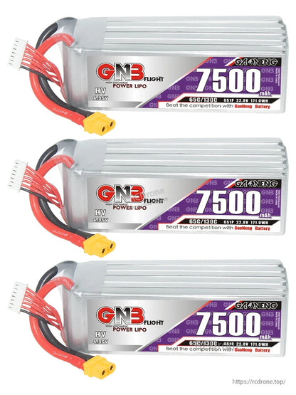 Three 6S 7500mAh LiHV LiPo batteries with XT60 connectors, stacked horizontal set
