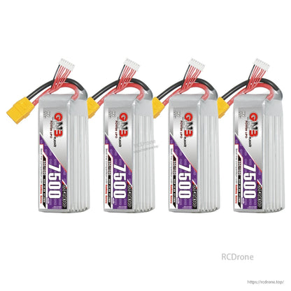 Four GN3 7500mAh LiHV batteries displayed upright, each with XT90 plug and balance connector