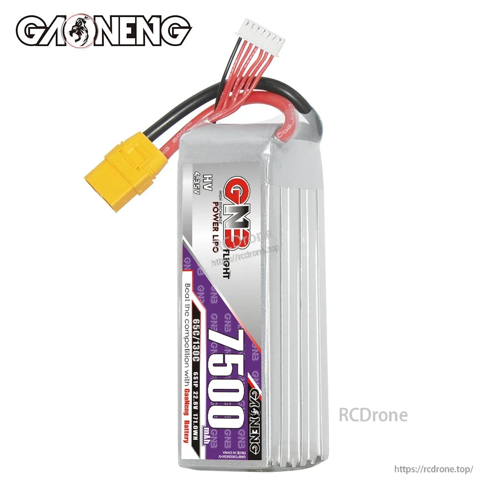 Front upright view of GNB 7500mAh LiHV battery showing GN3 branding and attached XT90 plug