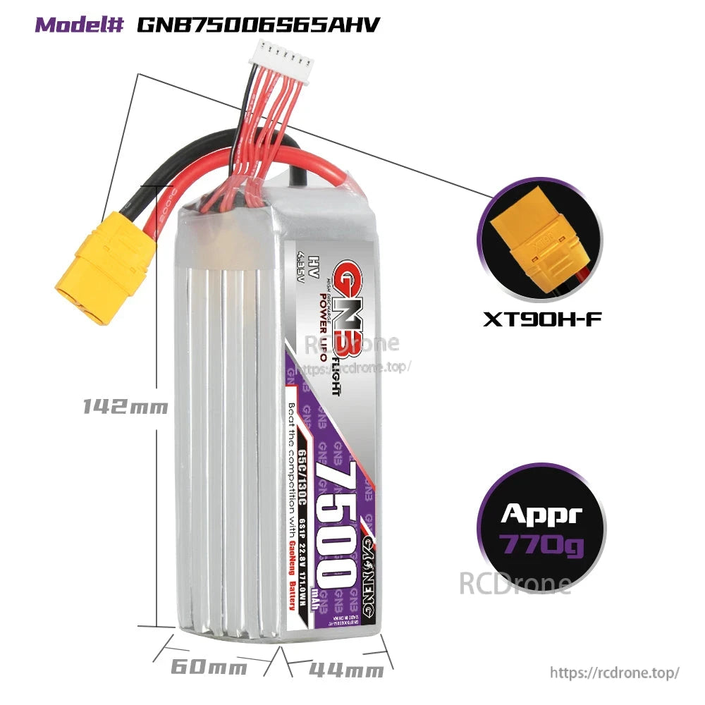 GNB75006S65AHV battery dimensions 142×60×44mm with XT90H-F connector and approx 770g weight