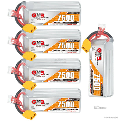 Bundle image showing four GNB 7500mAh batteries plus one upright battery, XT90 connectors visible