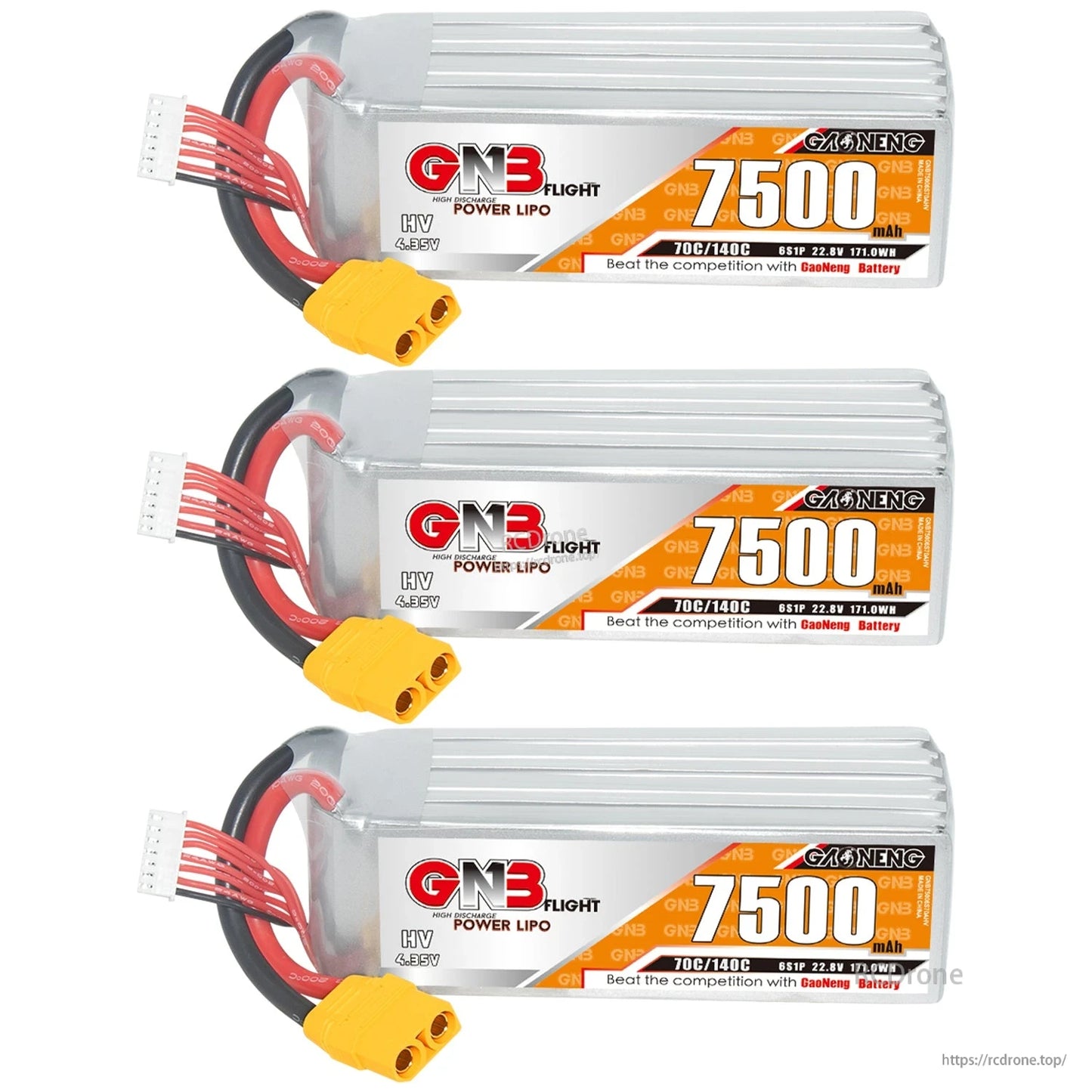Three-pack set of GNB 7500mAh LiHV LiPo batteries with XT90 connectors