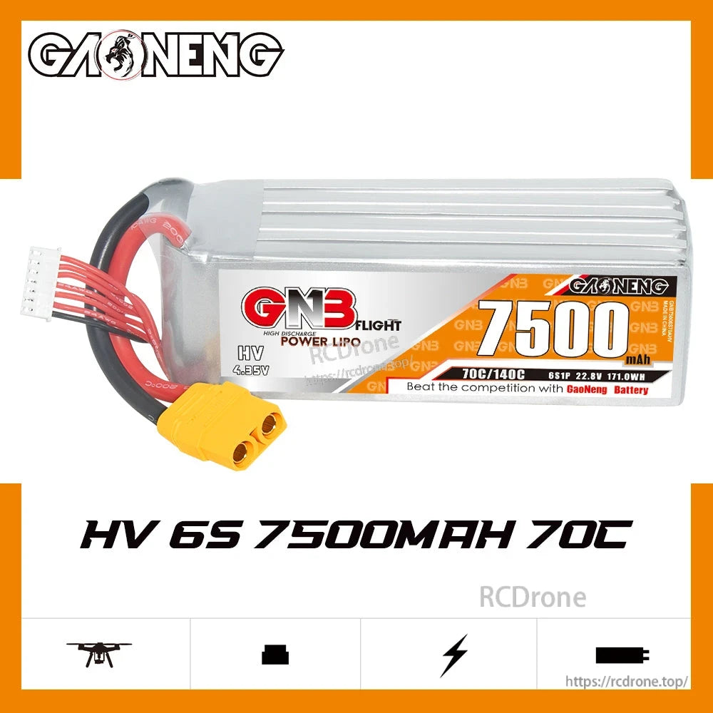 GAONENG GNB75006S70AHV HV 6S 7500mAh 70C LiHV LiPo battery graphic, side label view