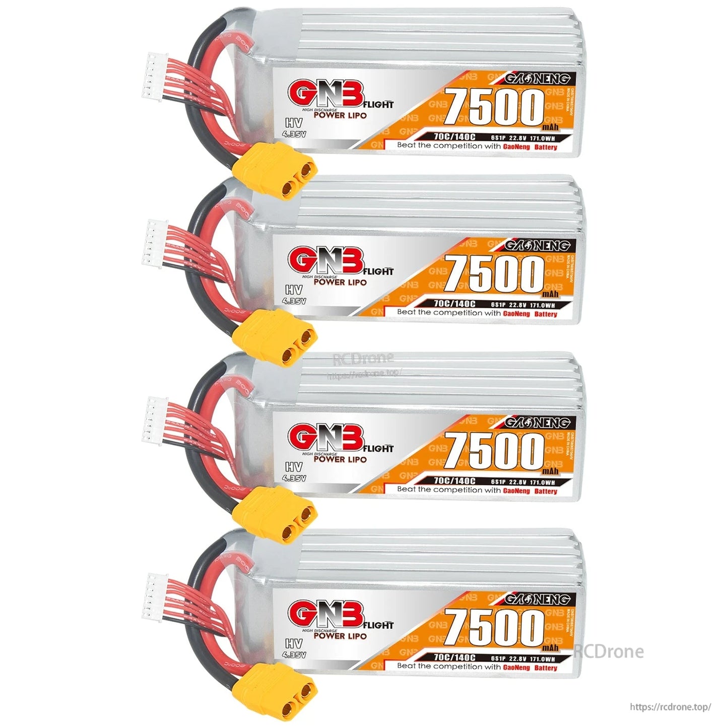 Four-pack set of GNB 7500mAh LiHV LiPo batteries with XT90 connectors