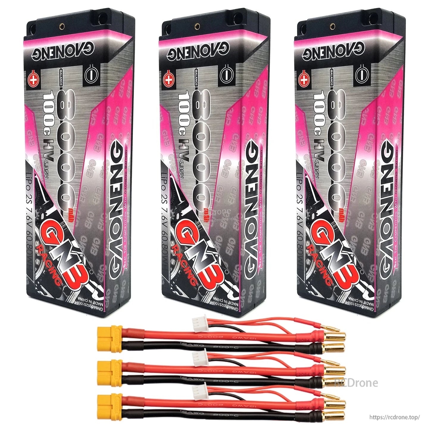 Three GAONENG hard case batteries with three yellow connector lead sets and 5mm bullet plugs