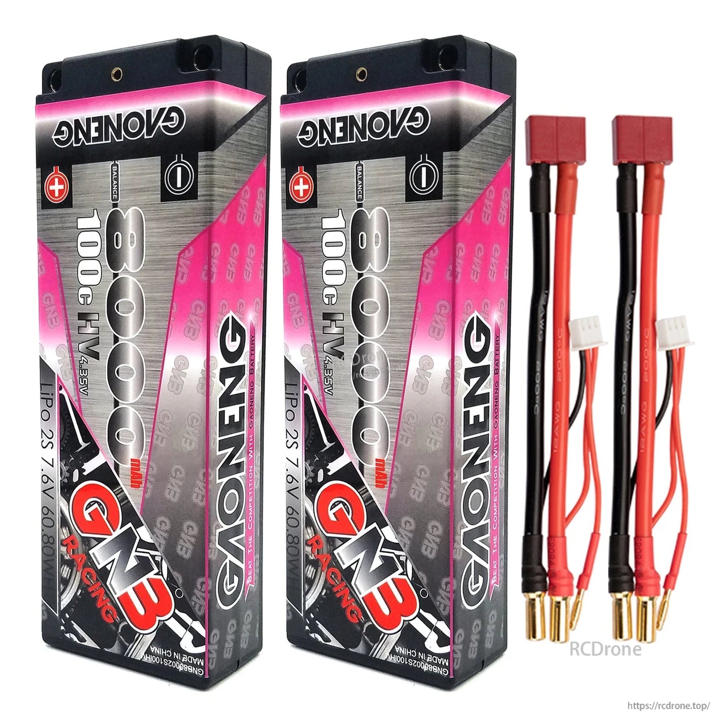 Two GAONENG hard case batteries with red T-style power connectors, 5mm bullet plugs, and balance leads