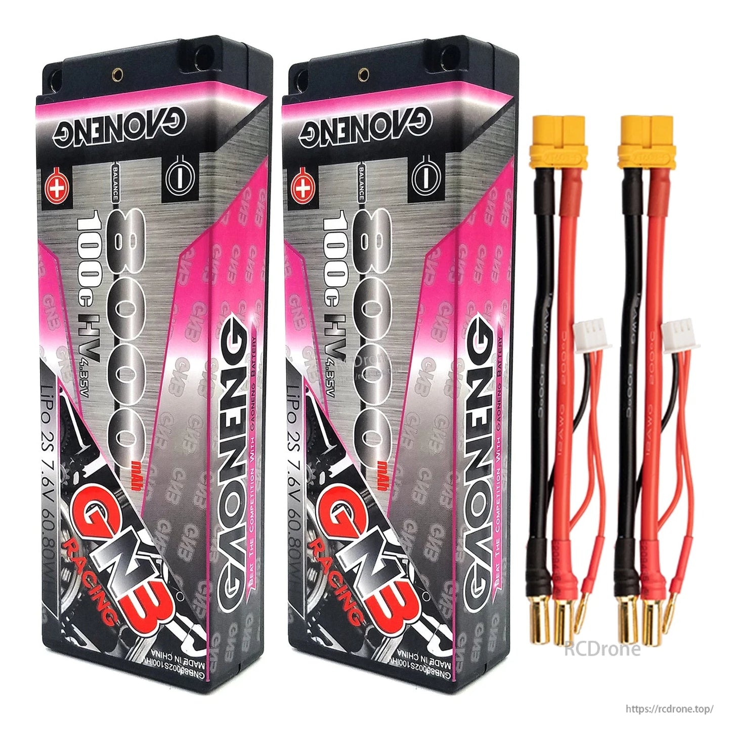 Two-pack GAONENG 8000mAh hard case batteries with yellow power connectors and 5mm bullet leads