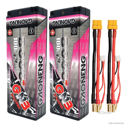 Two-pack GAONENG 8000mAh hard case batteries with yellow power connectors and 5mm bullet leads