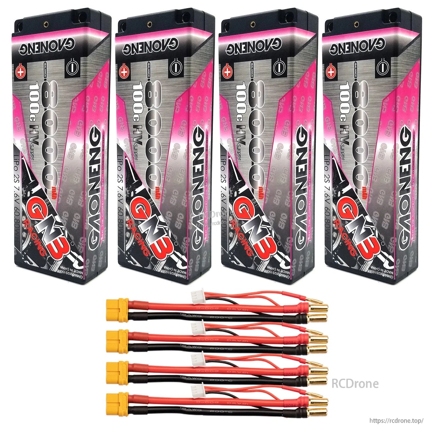 Four GAONENG hard case batteries with four yellow connector lead sets and 5mm bullet plugs
