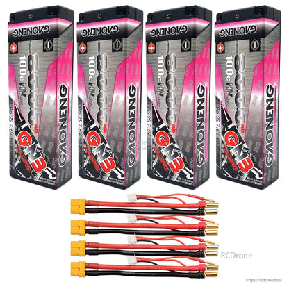 Four GAONENG hard case batteries with four yellow connector lead sets and 5mm bullet plugs