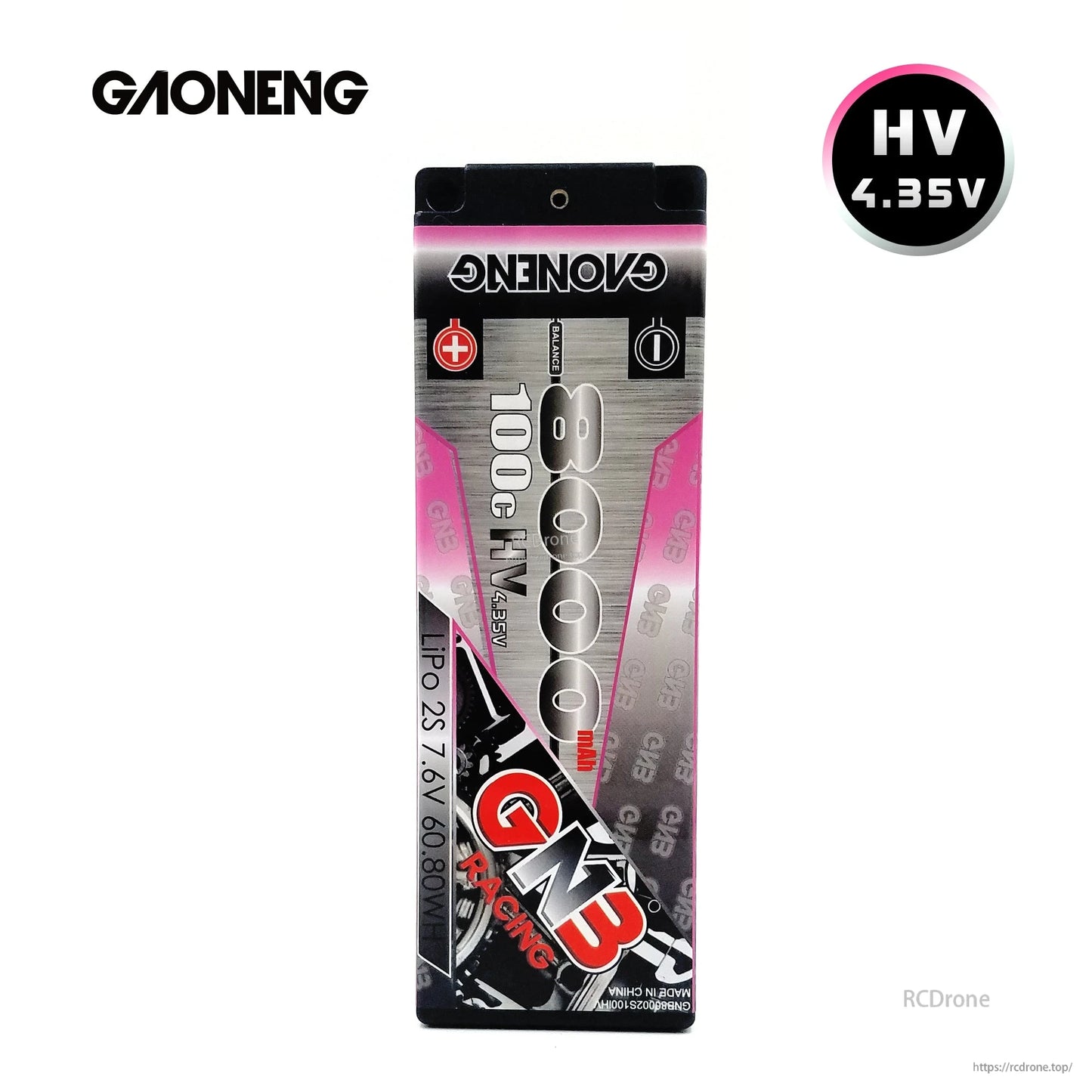 Front view of GAONENG GNB Racing 8000mAh 100C LiHV 2S hard case battery label