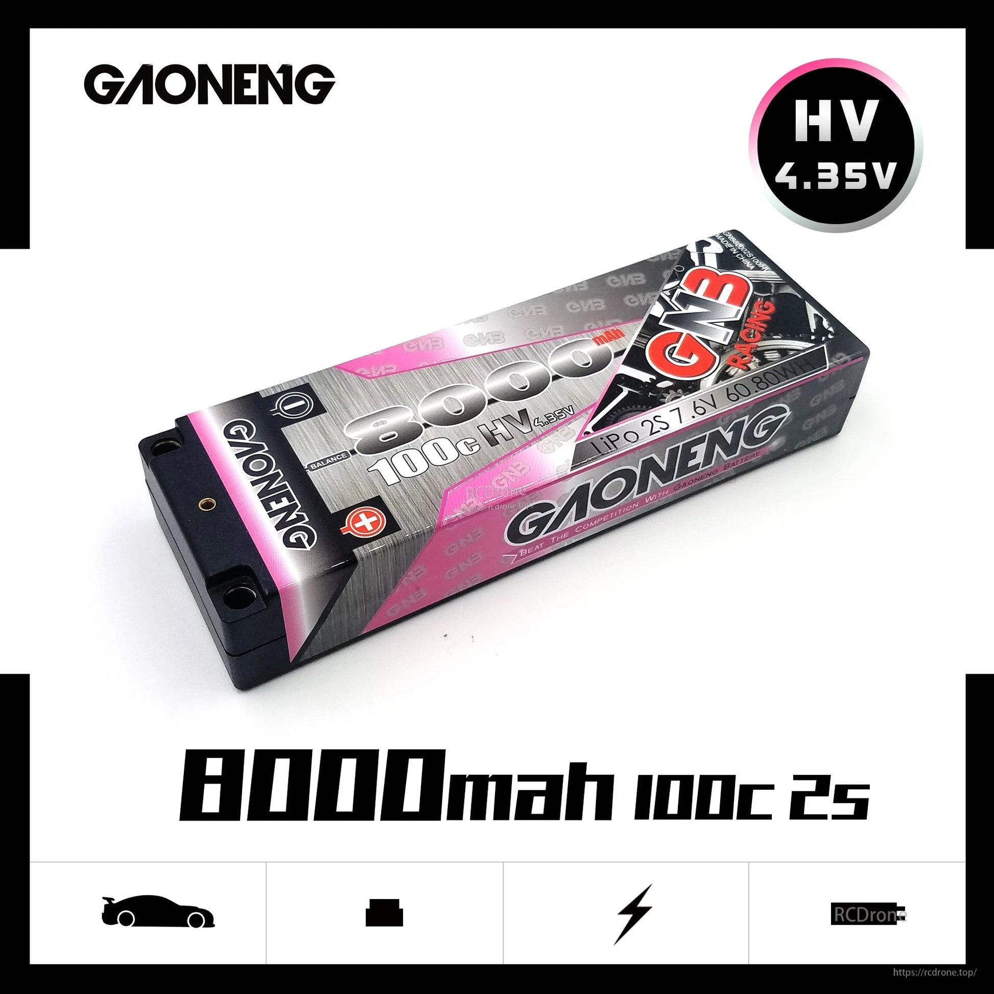 GAONENG 8000mAh 100C 2S LiHV battery graphic showing HV 4.35V and 2S rating