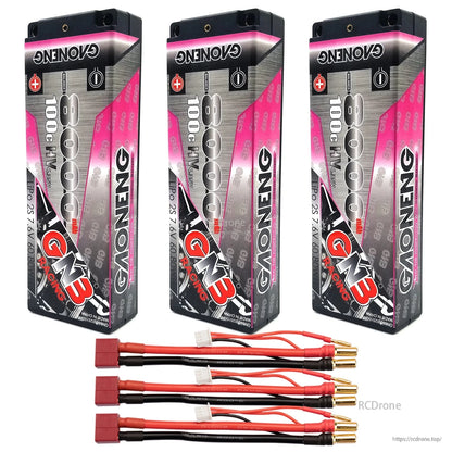 Three GAONENG hard case batteries with three red T-style connector lead sets and 5mm bullet plugs