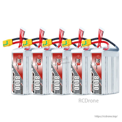 Five GAONENG 8000mAh LiPo batteries arranged in a row, showing front labels and XT90S leads