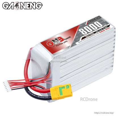 Angled side view of GAONENG 8000mAh LiPo pack showing ribbed case, label, and XT90S anti-spark connector
