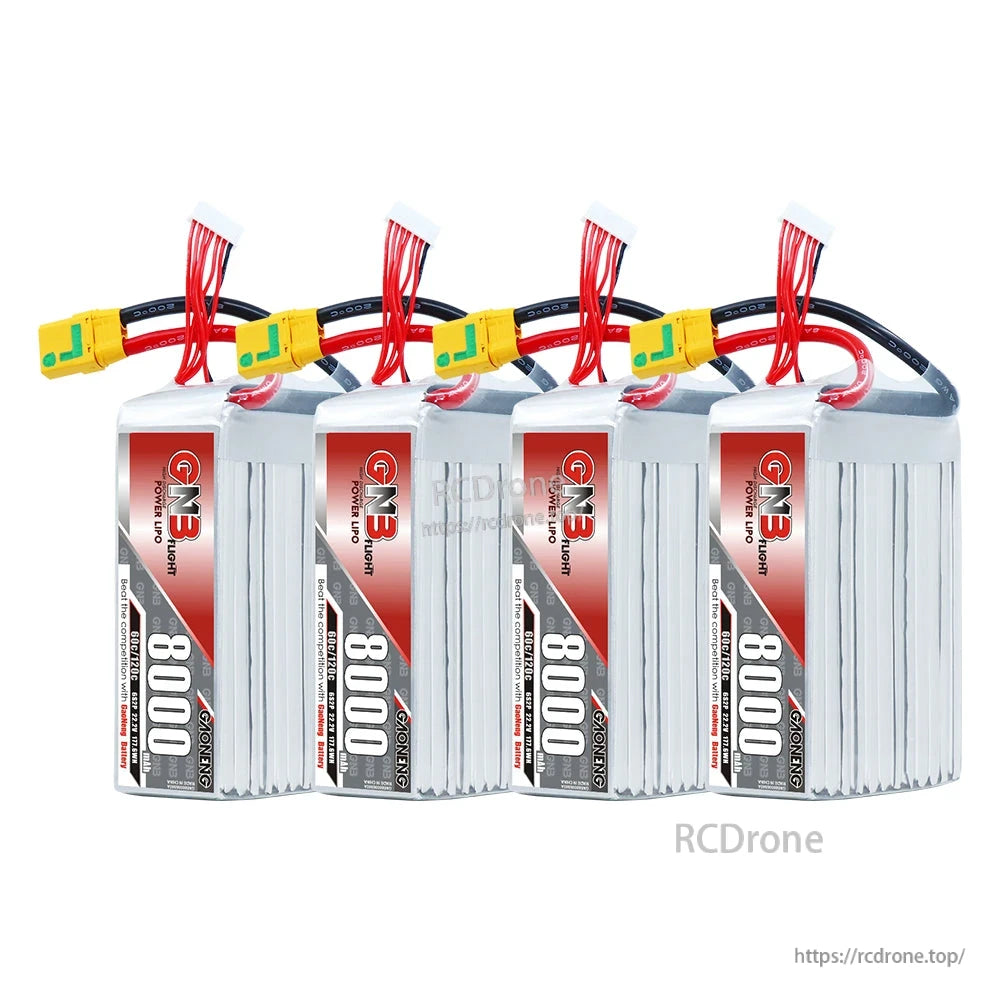 Four-pack set of GAONENG 8000mAh LiPo batteries lined up, each with XT90S connector and balance lead