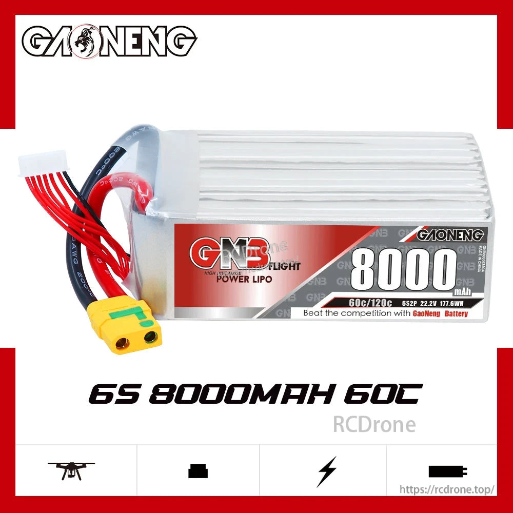 GAONENG 6S 8000mAh 60C LiPo battery graphic, side profile with XT90S plug and balance connector