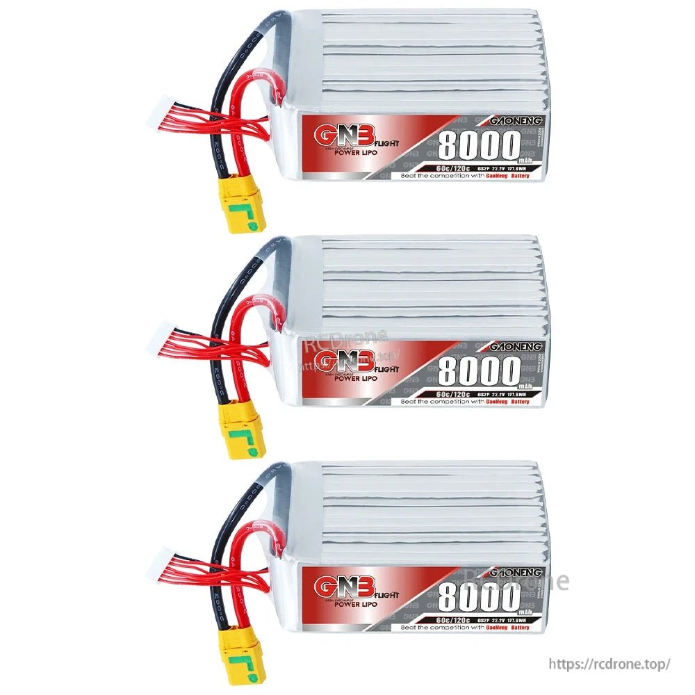 Three GAONENG 8000mAh LiPo batteries shown side-by-side in horizontal orientation with XT90S connectors