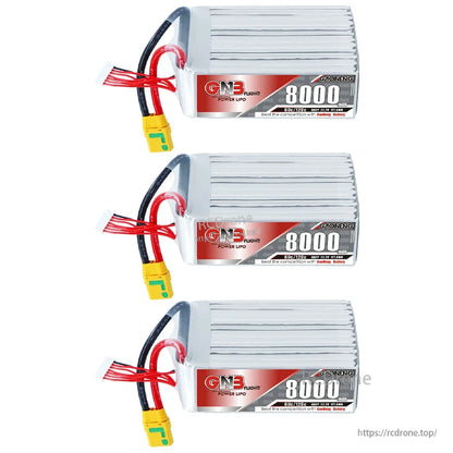 Three GAONENG 8000mAh LiPo batteries shown side-by-side in horizontal orientation with XT90S connectors