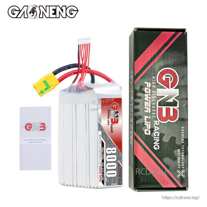 Package contents: GAONENG 8000mAh LiPo battery with XT90S lead, retail box, and paper insert
