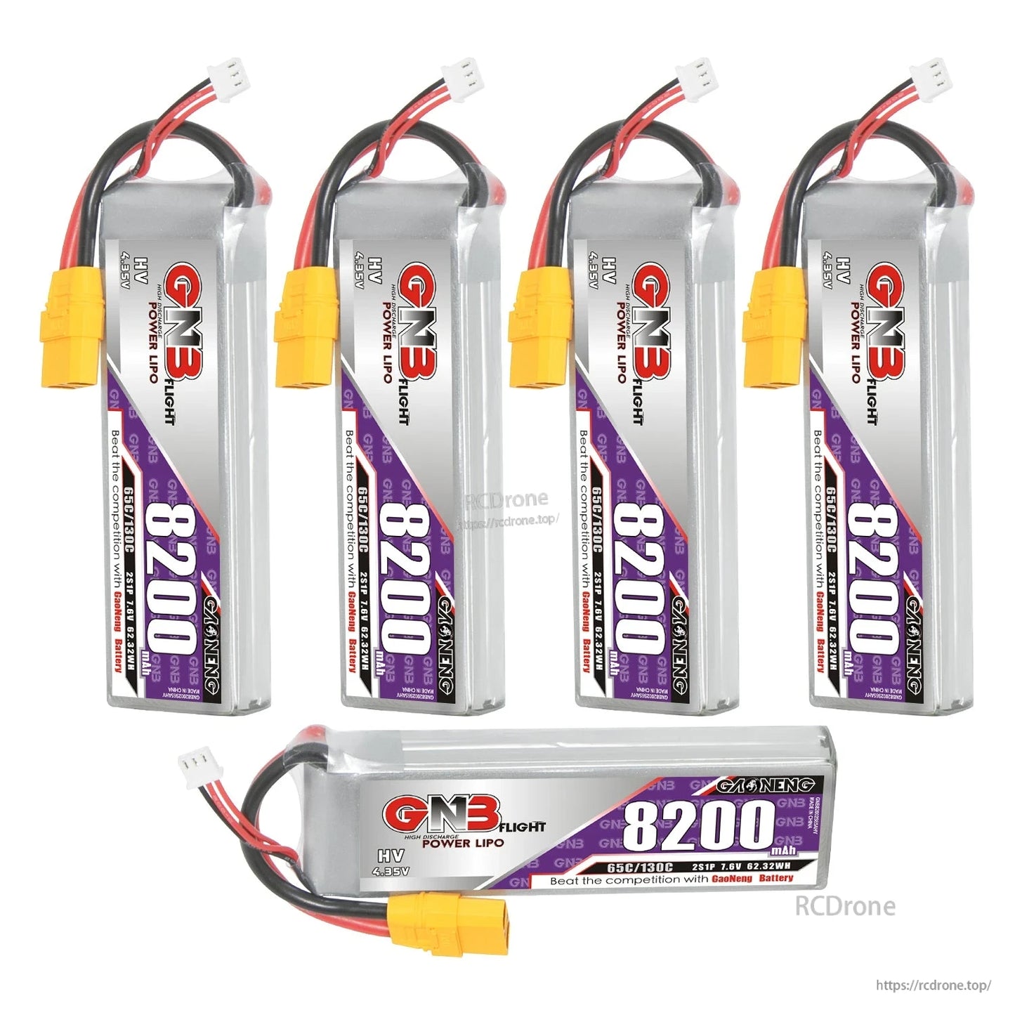 Bundle display of four upright GNB 8200 packs plus one horizontal pack showing top label and XT90 plug
