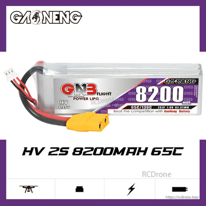 GAONENG GNB82002S65AHV HV 2S 8200mAh 65C LiHV battery product graphic with connector shown
