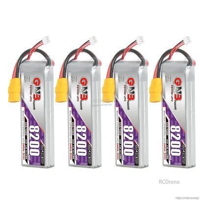 Four GNB 8200mAh HV LiPo packs lined up, each with XT90 connector and balance plug