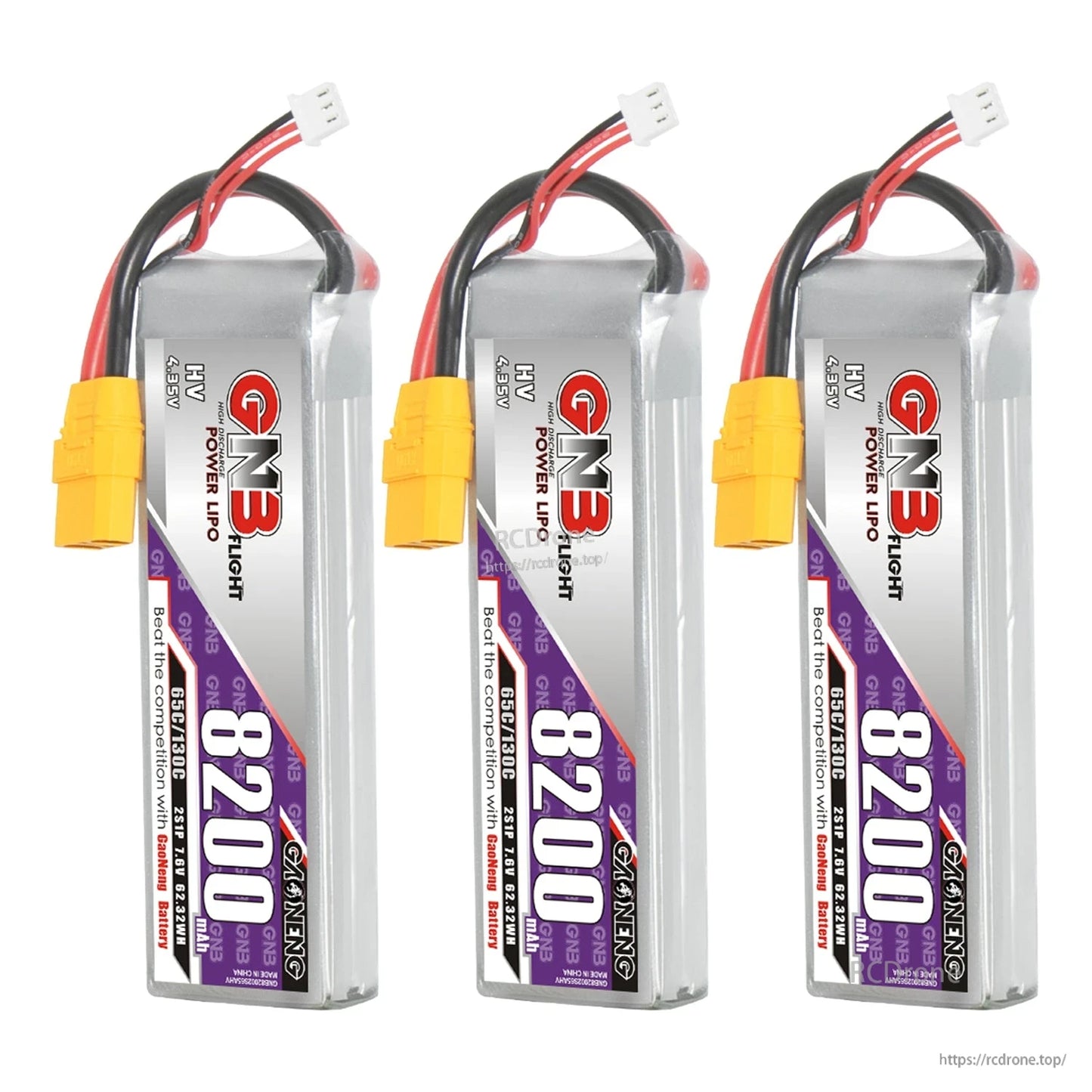 Three GNB 8200mAh LiHV battery packs displayed side by side with XT90 connectors