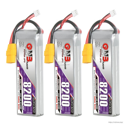 Three GNB 8200mAh LiHV battery packs displayed side by side with XT90 connectors