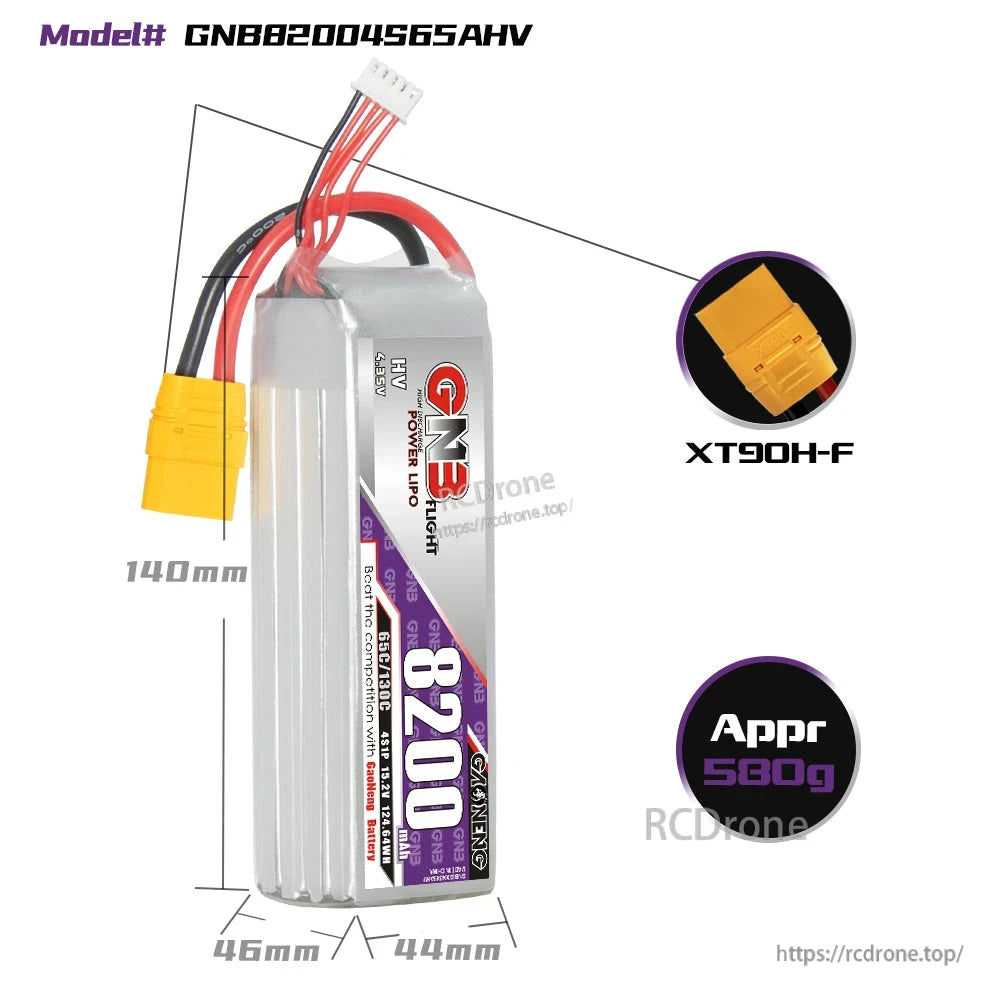 GNB82004S65AHV size diagram with dimensions 140×46×44 mm, XT90H-F plug, approx 580 g
