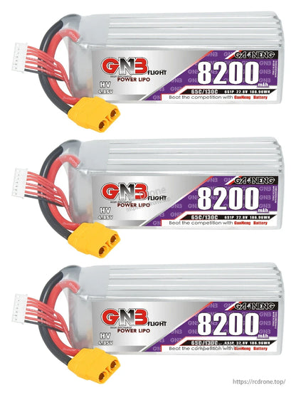 Three GAONENG 6S 8200mAh LiHV LiPo batteries lineup with XT90 connectors