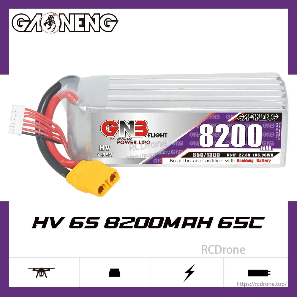 GAONENG GNB 6S 8200mAh 65C LiHV battery side label view, XT90 plug visible