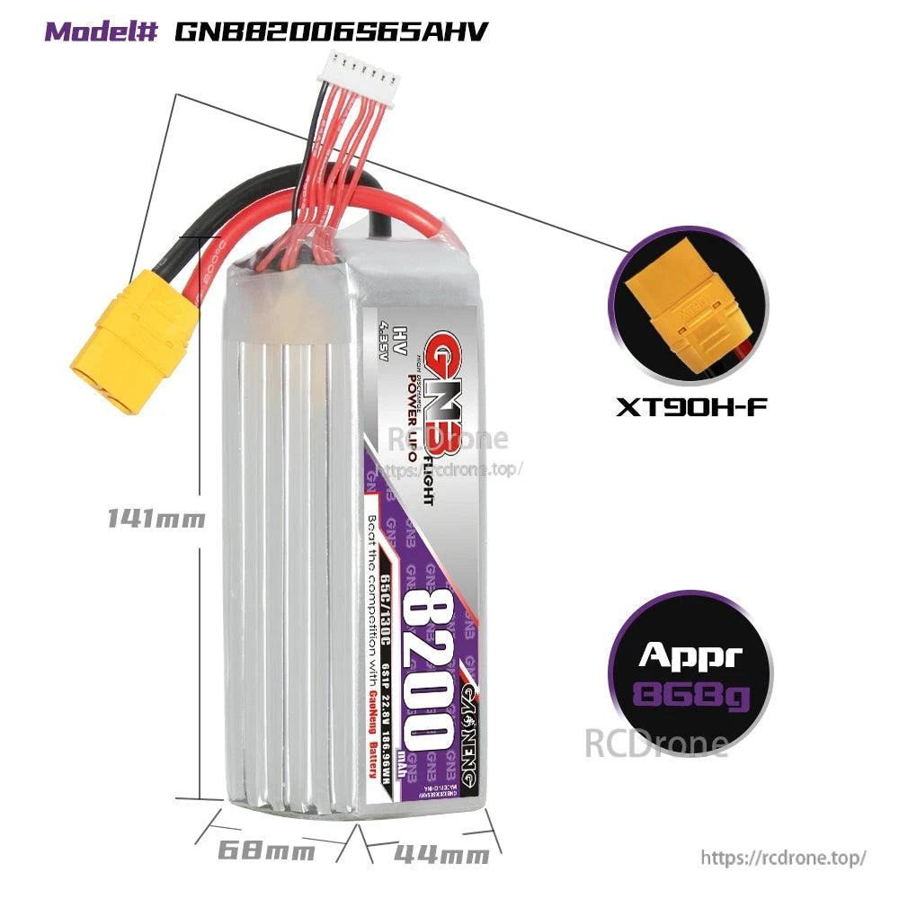 GNB82006S65AHV battery size diagram 141×68×44mm with XT90H-F connector and approx 868g weight