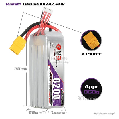 GNB82006S65AHV battery size diagram 141×68×44mm with XT90H-F connector and approx 868g weight