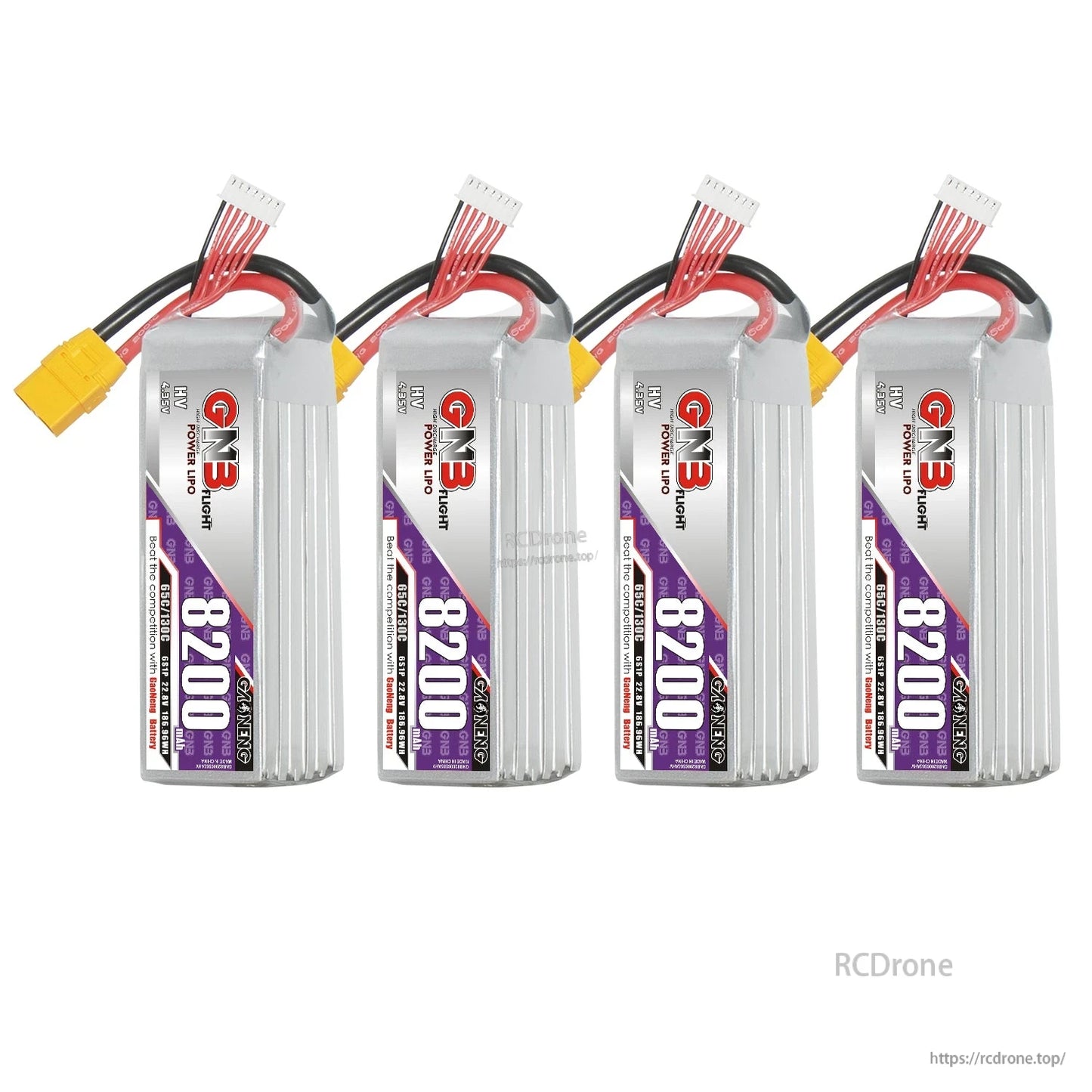 Four GAONENG 6S 8200mAh LiHV LiPo batteries shown standing in a row