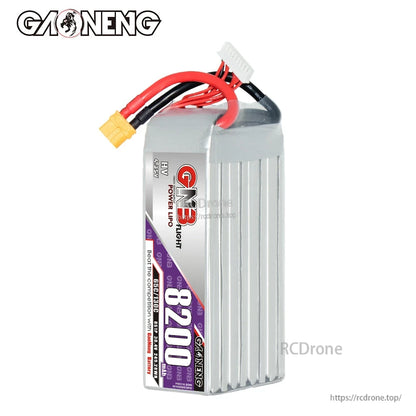 Vertical front label view of GNB 8200 LiHV battery showing balance lead and XT60 plug