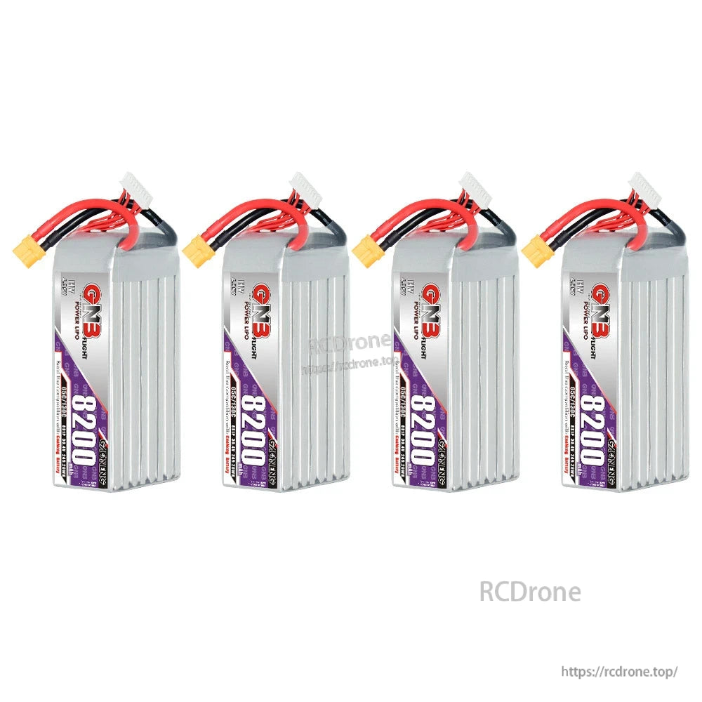 Four GNB 8200 LiHV battery packs standing upright, XT60 plugs visible