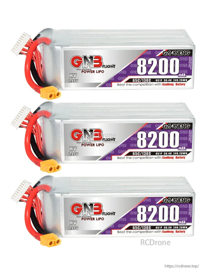 Three GNB 8200 LiHV LiPo batteries with XT60 connectors shown in a stacked set