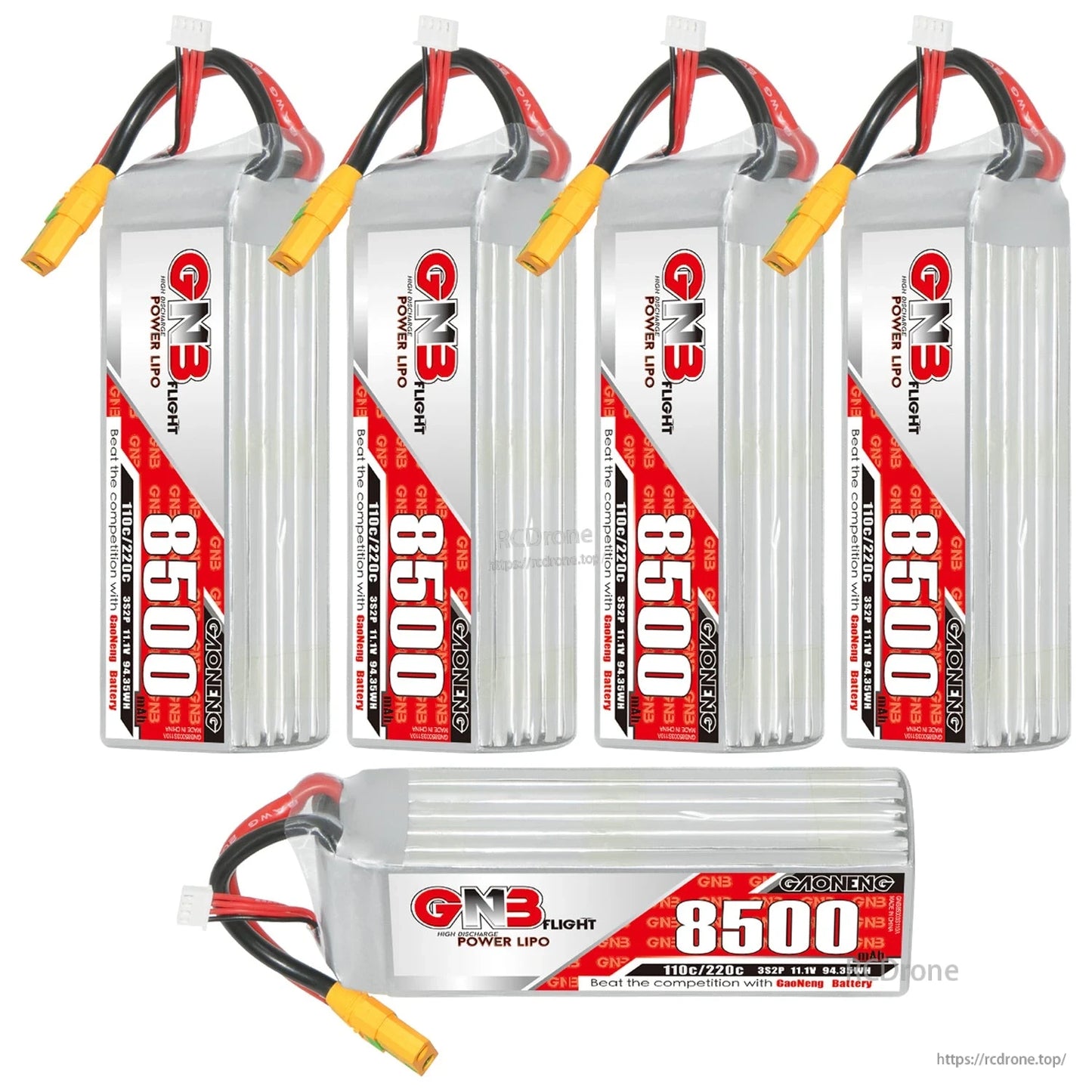 Five GAONENG GNB 8500mAh LiPo battery packs shown, four standing plus one horizontal