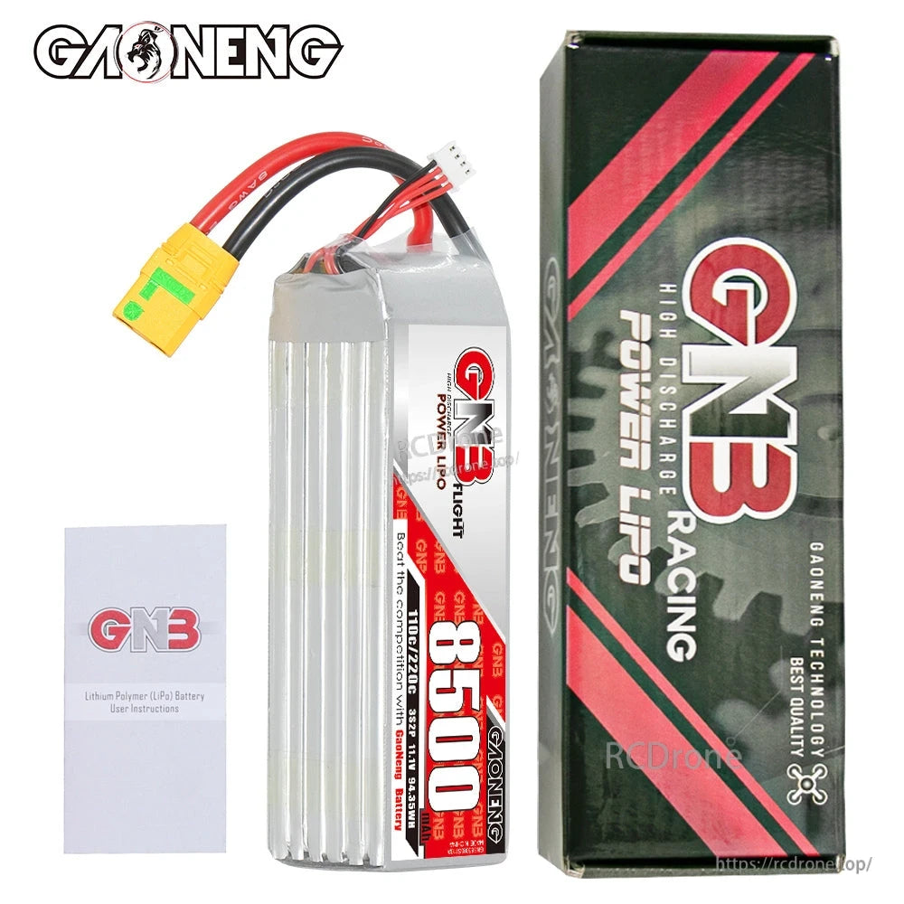 Package contents: GAONENG GNB 8500mAh LiPo battery, retail box, and user instruction leaflet