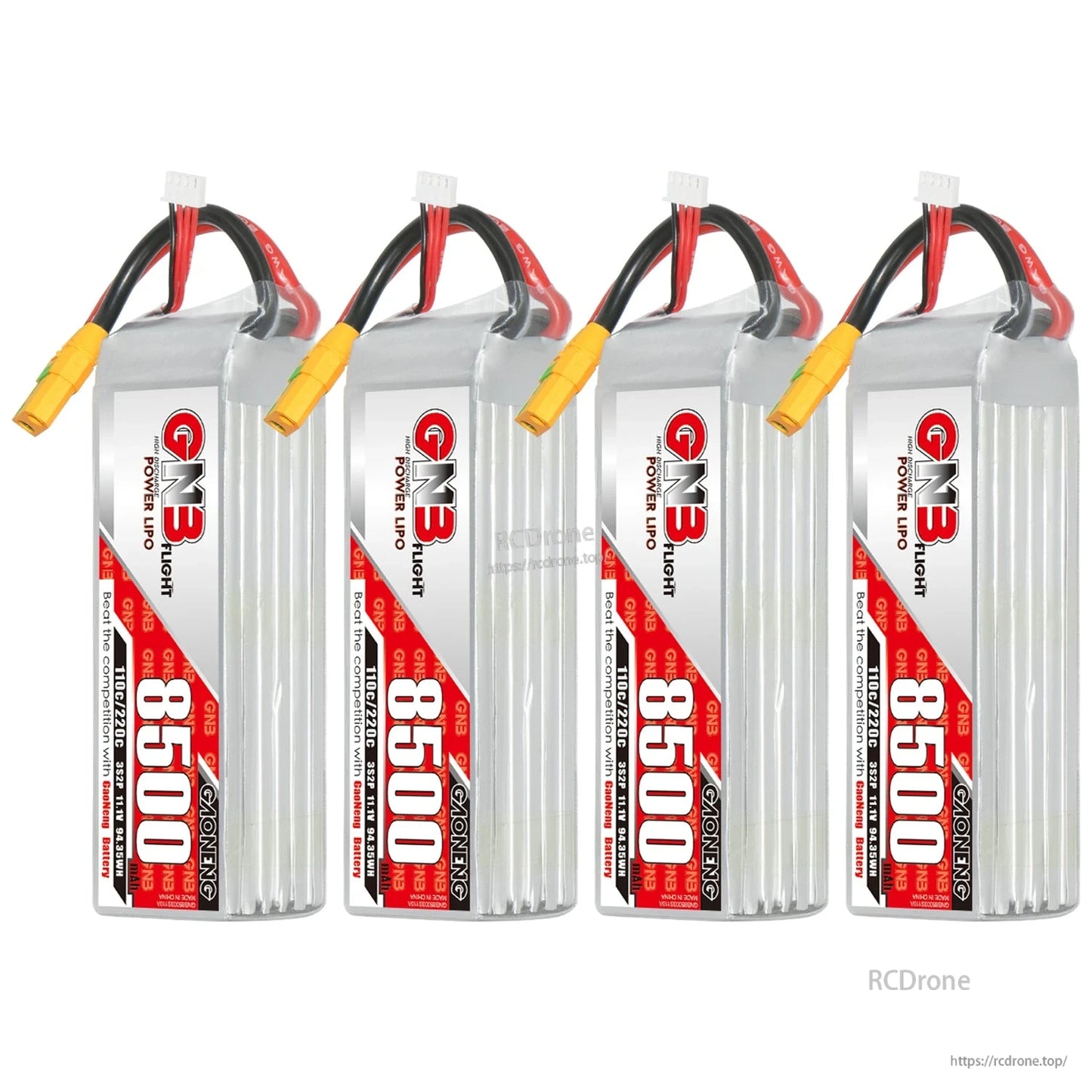 Four GAONENG GNB 8500mAh LiPo battery packs lineup, front label view with discharge leads