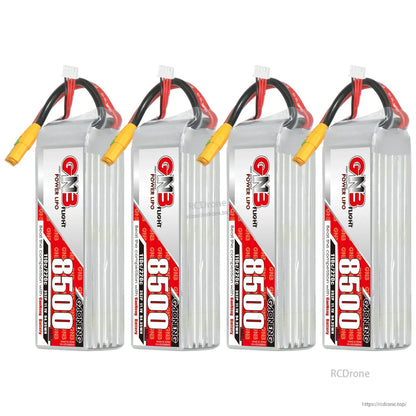 Four GAONENG GNB 8500mAh LiPo battery packs lineup, front label view with discharge leads