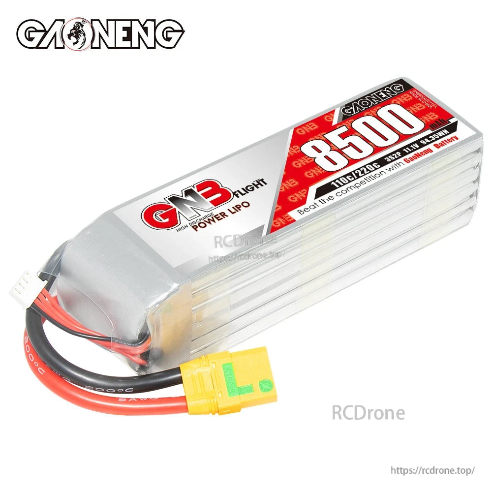 GAONENG GNB 8500mAh LiPo battery pack top label view with XT90-style discharge plug and balance lead