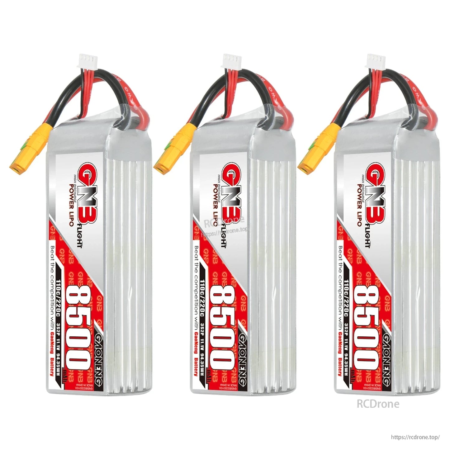 Three GAONENG GNB 8500mAh LiPo battery packs lineup, front label view with leads on top