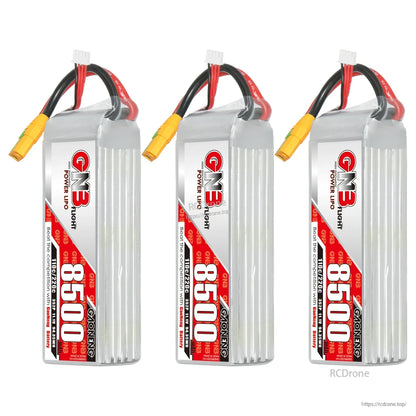 Three GAONENG GNB 8500mAh LiPo battery packs lineup, front label view with leads on top