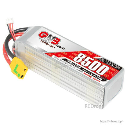 Side view of GAONENG GNB 8500mAh LiPo pack showing ribbed case and connector leads