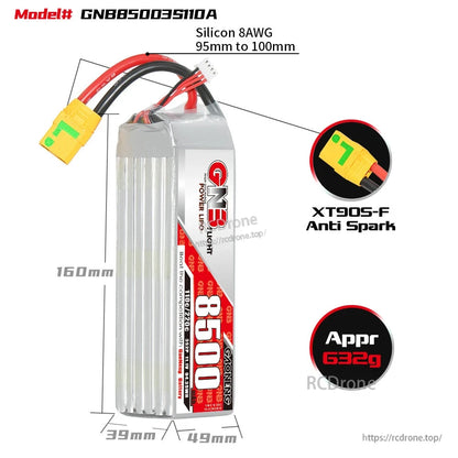 GNB85003S110A battery dimensions, 8AWG wire length, XT90S-F anti-spark connector and approx 632g weight