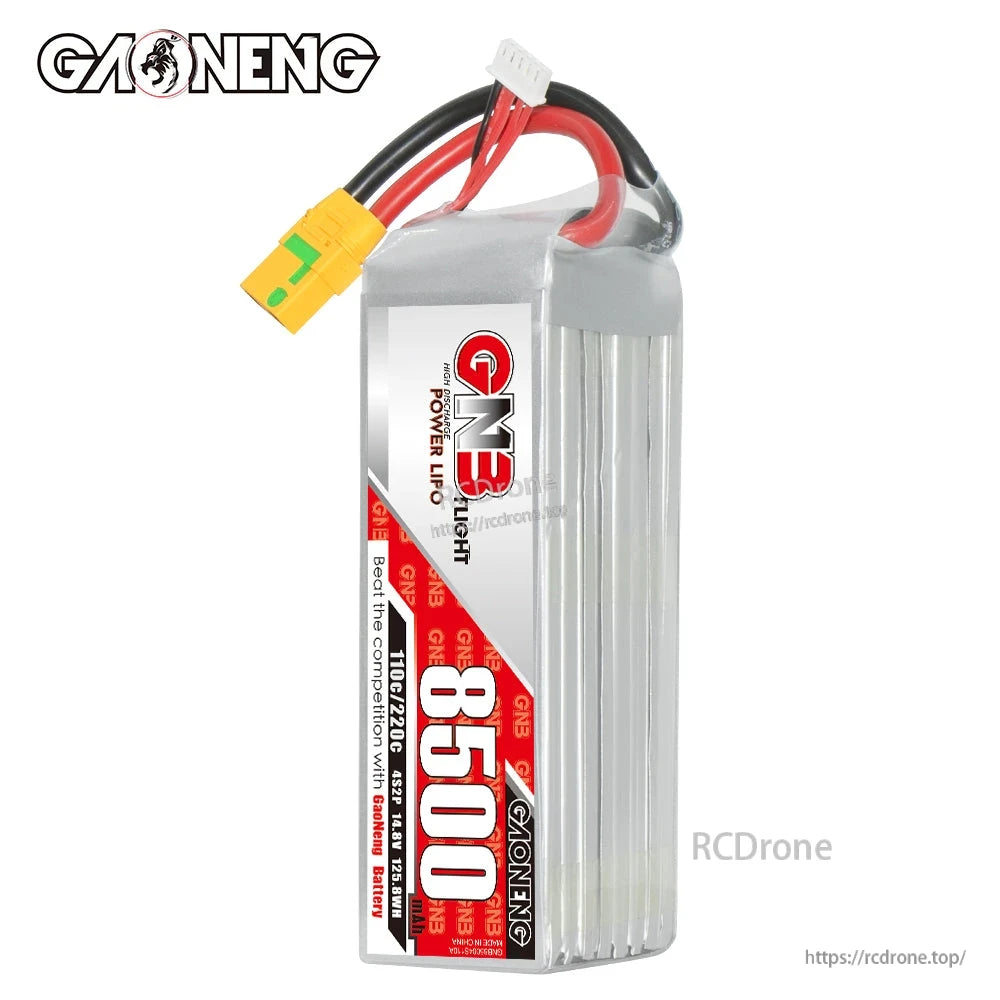 Upright side view highlighting GNB 8500 label, battery thickness, balance plug and discharge cable exit