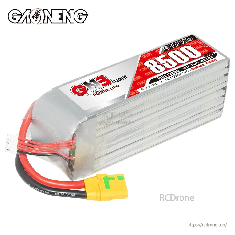 Angled view of GNB 8500 battery showing silver hard case, balance lead and XT90S connector wiring